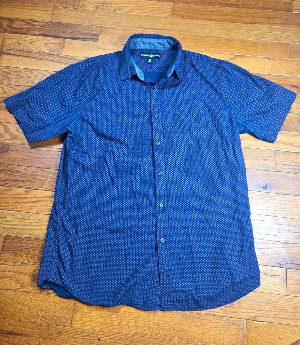 Beverly Hills Polo Club Mens M Button Up Shirt Navy Pink Print Short Sleeve